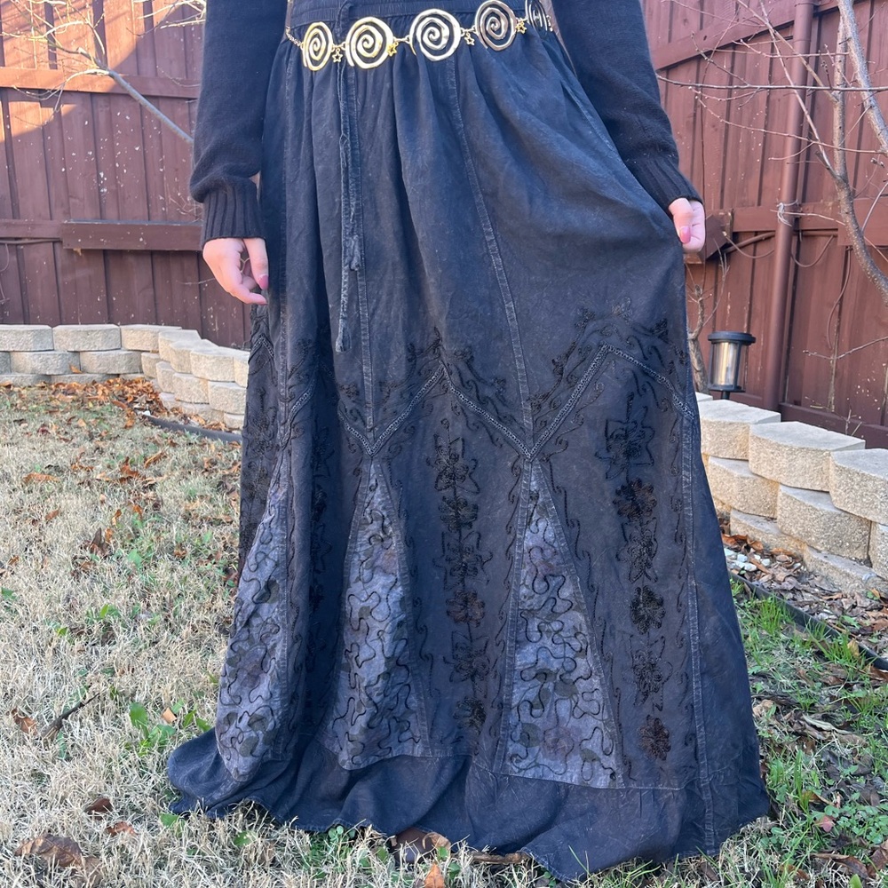 Chic Whimsy Goth Ash Black Embroidered Maxi Skirt - Picture 6 of 14
